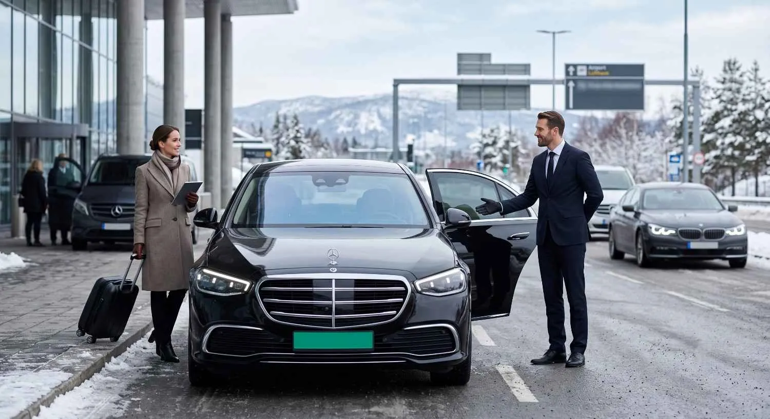 Chauffeur with a Mercedes S-Class ready for a long-distance journey in winter