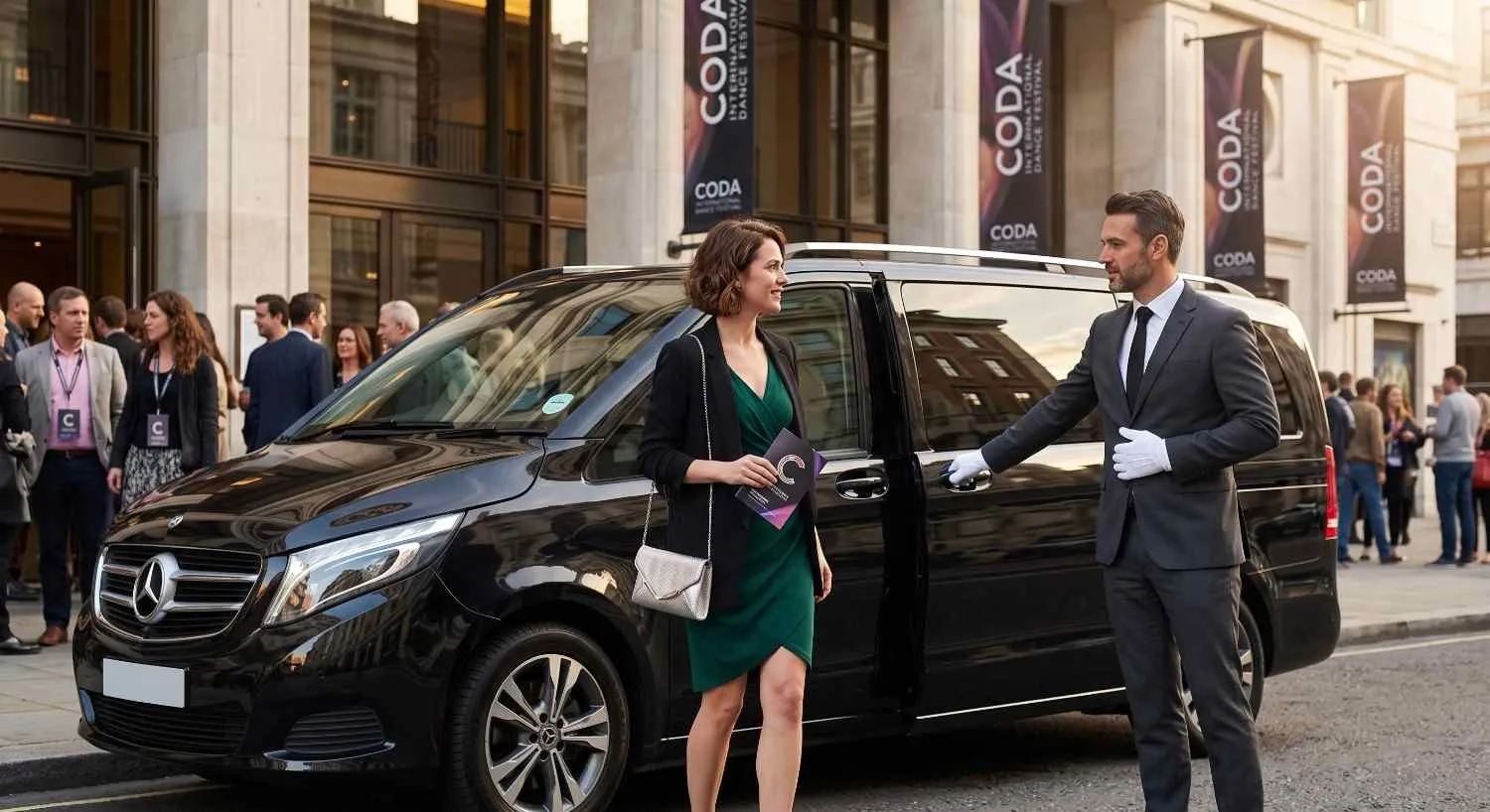 Chauffeur welcoming event guests to a Mercedes V-Class at a festival venue